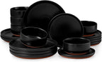 E-far 18-Piece Stoneware Plates and Bowls Sets, Dinnerware Sets for 6, Ceramic Dishware Dishes Set with Terracotta Base, Chip & Scratch Resistant, Microwave & Dishwasher Safe, Matte Black