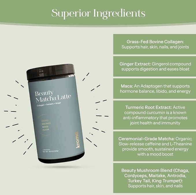 Kroma Beauty Matcha Latte Powder 17.75oz, 503g, 60 Servings – Ceremonial Grade Japanese Matcha Green Tea with Collagen, Ginger, Turmeric & Adaptogenic Mushrooms for Daily Wellness & Rituals