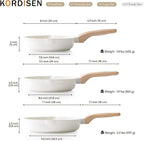 Kordisen Nonstick Ceramic Frying Pan Set, 3 Piece Ceramic Skillet Set, Healthy Non Toxic Cooking Pan, Stay-Cool Handle, Induction Compatible, PFOA & PFAS Free, White