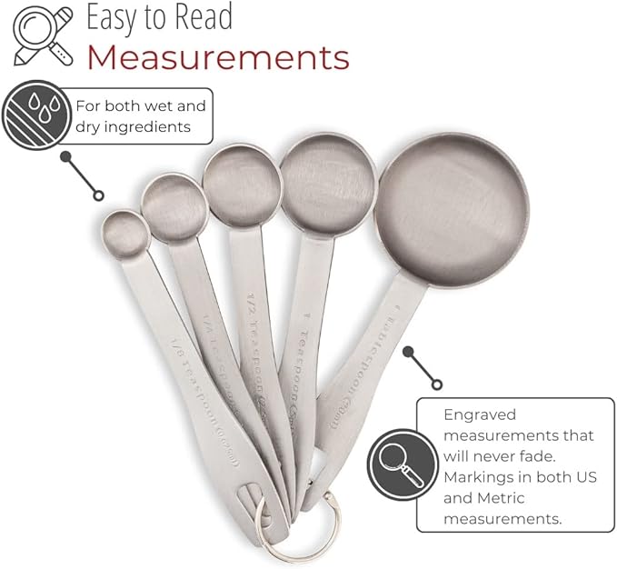husMait Stainless Steel Measuring Spoons - 5 Piece Heavy Duty Measuring Spoon Set for Dry Food, Spices or Liquids