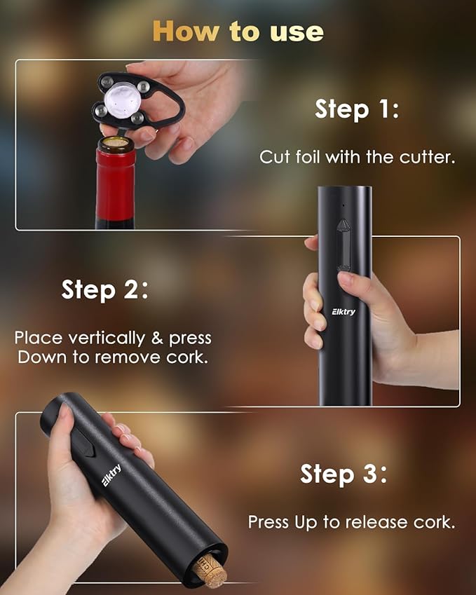 Electric Wine Opener, Rechargeable Wine Bottle Opener, Electric Corkscrew Wine Opener with Foil Cutter, Wine Pourer&Vacuum Stoppers, USB-C Charge Cable, Ideal Gift for House Warming Wedding Party