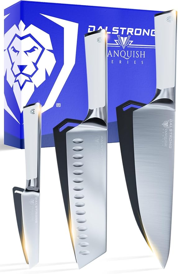 Dalstrong 3pc Knife Set - Vanquish Series - Forged High Carbon German Steel - White Handle - Chef Knife, Santoku and Paring - Razor Sharp Kitchen Set - NSF Certified