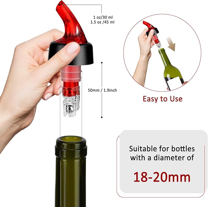Automatic Measured Bottle Pourer - Quick Shot Spirit Measure Pourer with Dust Caps for Wine Cocktail Home Bar Tools - 1.5oz/45ml(Red, 4 Pack)