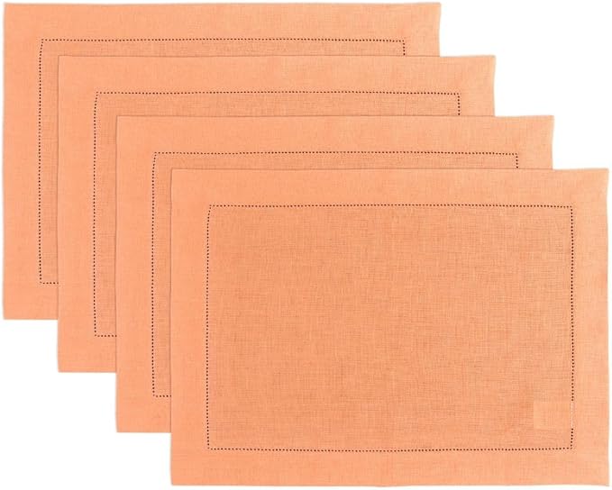 Solino Home Linen Cloth Placemats Set of 4-100% Pure Linen Hemstitch Coral Placemats 14 x 19 Inch - Classic Hemstitch Table Place Mats for Valentines