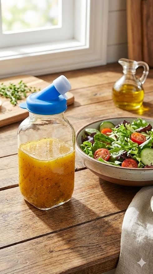 kitchentoolz Blue 16oz Salad Dressing Container Glass Bottle – Glass Salad Dressing Shaker Bottle with Non-Metal Lid for Oil, Marinades, Dressings