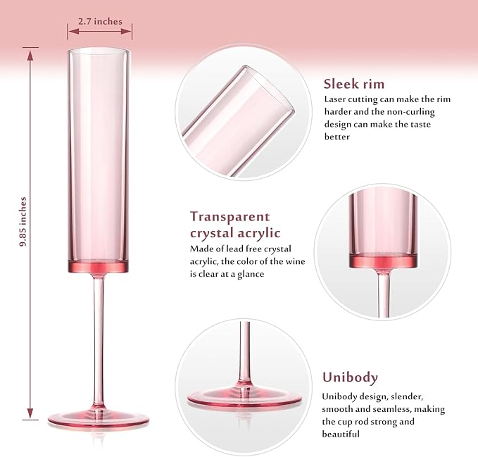 6 Pieces Acrylic Pink Champagne Flutes 5.4 OZ Square Champagne Glasses Stemmed Coupes Reusable Wedding Toasting Glasses Rose Bride Wine Glasses For Birthday Party Wedding Anniversary Christmas
