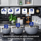 WHYSKO® Stainless Steel Mixing Bowls (Set of 3) with Non-Slip Silicone Base for Kitchen, Dishwasher Safe Bowls for Meal Prep, Cooking, Baking, Serving, Food Storage (Grey)