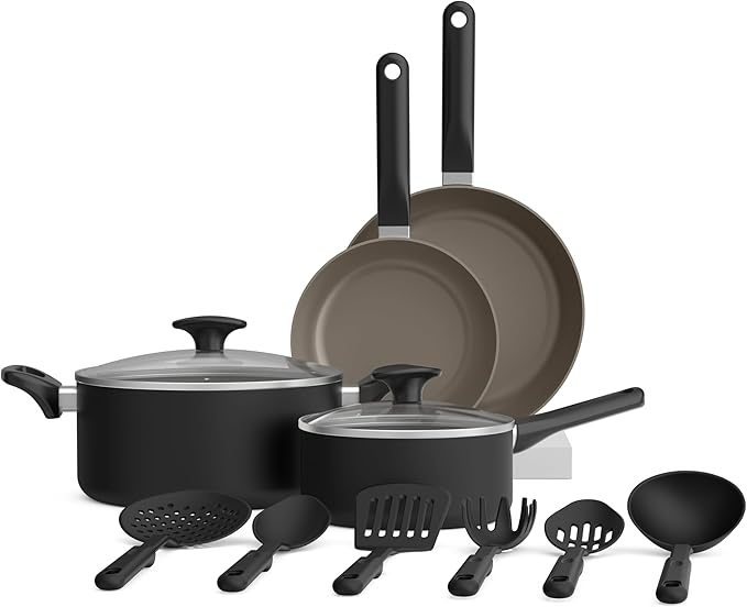 bella 12 Piece Cookware Set with EverGood™ Ceramic Nonstick Coating, Dishwasher & Oven Safe, All Stovetops Compatible, Tempered Glass Lids and Cool Touch Handles, Black