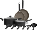 bella 12 Piece Cookware Set with EverGood™ Ceramic Nonstick Coating, Dishwasher & Oven Safe, All Stovetops Compatible, Tempered Glass Lids and Cool Touch Handles, Black