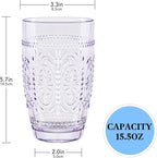 CREATIVELAND Colored Vintage Drinking Glasses Set of 4, 15.5 oz Romantic Embossed Water Glasses, Colored Tumblers Tempered Glass for Juice, Beverages, Beer, Cocktail