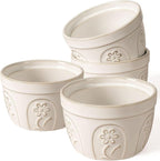 Artena Ramekins Oven Safe, Creme Brulee Ramekins, Embossed White Ceramic Ramiken, Souffle Pudding Custard Cups, Baking Dish, Dipping Bowls, Sauce Cups, Set Of 4 (Pinwheel Flower, 8 oz)
