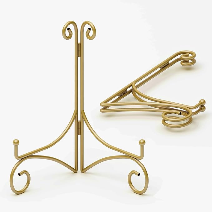 SVENJBB Gold Iron Plate Stand, 12 Inch Plate Holder for Display, Small Metal Plate Display Stands for Cookbook, Picture Frame, Photo, Decorative Plates (12 Inch, 2 Pack)