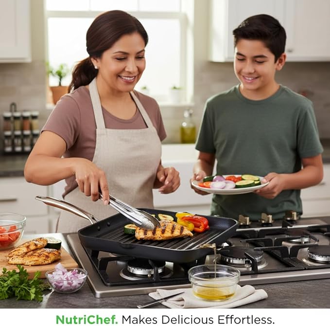 NutriChef 20"x13" Stove Top Grill Pan - Double Burner, Hard-Anodized Non stick Grill & Griddle Pan