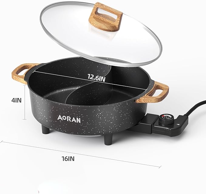 AORAN Electric Hot Pot with Divider, 1350W 8L Nonstick Smokeless Cooker for Shabu Shabu & Fondue, Multi-Function Cookware with Soup Ladle, Strainer, Includes Tongs - Easy to Clean, Black