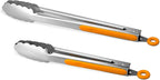 Premium 304 Stainless Steel Tongs Set – 12" Grill Tongs & 9" Cooking Tongs, Heat Resistant up to 600°F, Wavy Grip Head, Non‑Slip Handle with Locking Clip & Hanging Loop, Dishwasher Safe, Orange