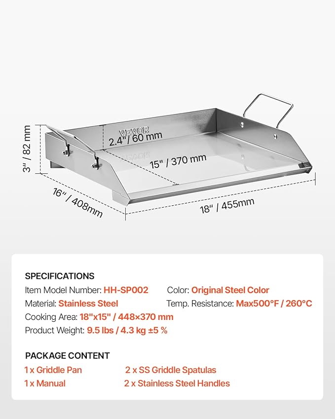 VEVOR Stainless Steel Griddle, 18x16 inch Universal Flat Top Rectangular Plate, Gas Grill Griddle for BBQ Grill, Teppanyaki, Portable Family Cookware with Handle, for Camping Tailgating Party