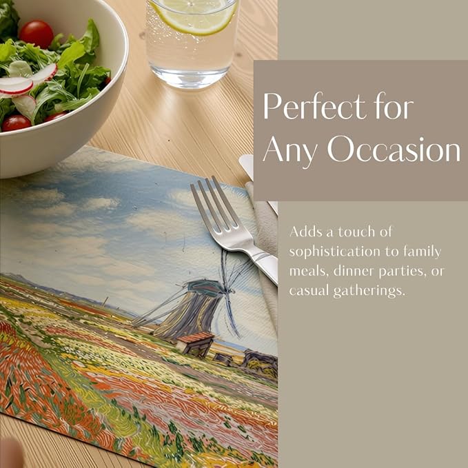 Art-Inspired Washable PVC Placemats Set of 6, Heat-Resistant Non-Slip Table Mats for Kitchen Dining Table Decor (Tulip Fields in Holland)