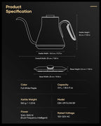 Cocinare Barista Collection Gooseneck Electric Kettle, ±1℉ Precise Temperature Control for Pour-Over Coffee & Tea, Quick Heating 1500W, Stainless Steel Interior, 0.9L (White Maple)