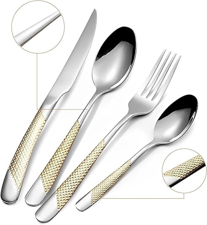 16-Piece Premium Stainless Steel Flatware Set with Gold Diamond Pattern Handle, Modern Silverware Silver and Gold,Christmas gift (4x4 Set)