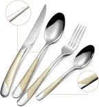16-Piece Premium Stainless Steel Flatware Set with Gold Diamond Pattern Handle, Modern Silverware Silver and Gold,Christmas gift (4x4 Set)