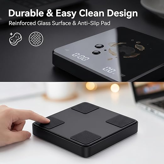Partyreal Digital Kitchen Coffee Scale, Slim Food Scale with Tare and g/oz/ml Units, Backlit Display, USB-C Rechargeable with AAA Backup, 3kg, Black