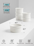 LE TAUCI Ramekins 6 OZ, Ceramic Souffle Dishes, Oven Safe Custard Cups for Baking, Creme Brulee, Pudding, Dessert, Microwave & Dishwasher Safe, Set of 6, White