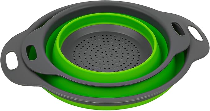 AUAUY 2 Pack Collapsible Colander Set, Round Silicone Folding Collapsible Strainers with Plastic Handles, Eco-Friendly Food Strainer for Kitchen Draining Pasta Vegetables Fruits-1 Large and 1 Small