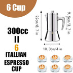 6 Cup Thickened 304 Stainless Steel Moka Pot Stovetop Espresso Maker Cafeteras Italian Percolator Espress Makers Capable Greca Mocha Coffee Machine for Induction Home and Camping 300ml 10oz
