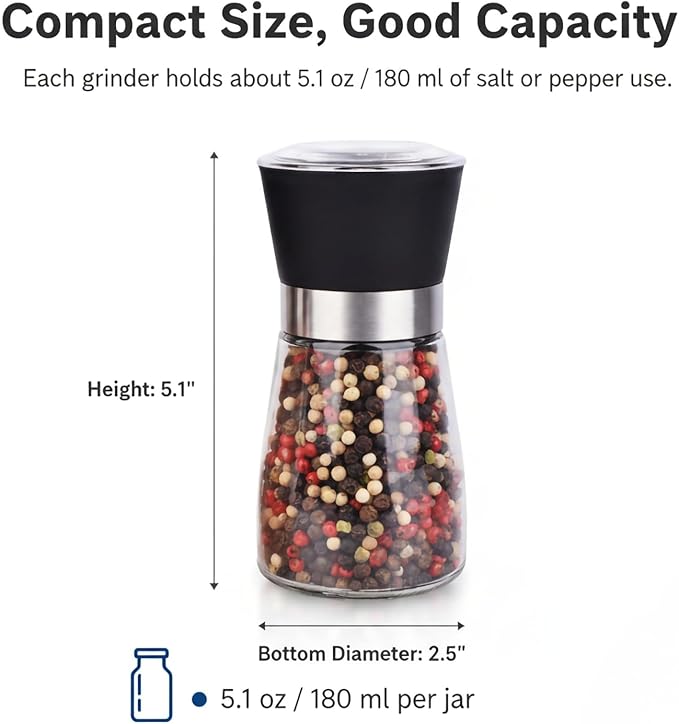 Salt and Pepper Grinder Shakers Set Spice Mill Refillable Grinders (2.5 inches x 5.1 inches)