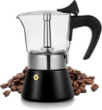 Induction Moka Pot, 4 Cups (7.1 oz) Crystal Glass-Top & Stainless Steel Moka Pot, Classic Stovetop Espresso Maker, Black