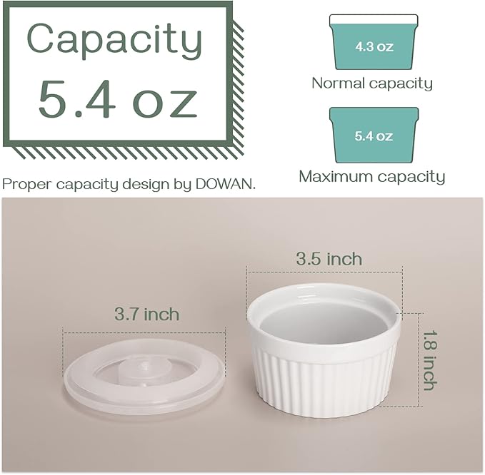DOWAN Ramekins with Lids 4 oz Oven Safe, Creme brulee Souffle Dishes Ramekins with Covers, Porcelain Small Bowls for Baking Custard Cups, Set of 6, White