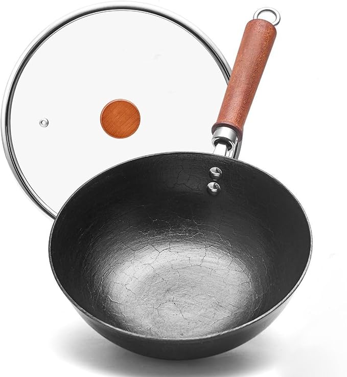 10.2 Inch Iron Wok, Cast Iron Wok Pan with Glass Lid, Uncoated Flat Bottom Wok for Stir-Fry & Saute, Woks & Stir-Fry Pans for Electric, Gas & Induction Cooktops