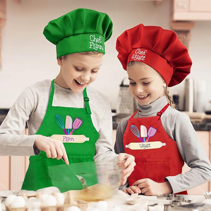 AILIN Custom Name Kids Apron Chef Hat Set For Boy Girl Cooking Baking Painting Craft