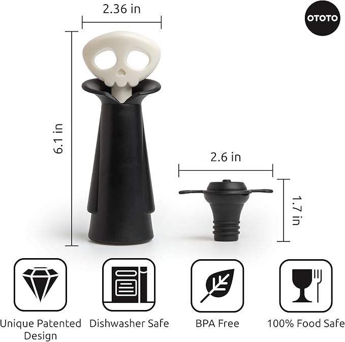 OTOTO New Spookelier Wine Saver Pump and 3 Wine Stopper - Wine Bottle Stoppers for Wine Bottles, Wine Stoppers Vacuum, Spooky Goth Accessories, Fun Skull Halloween Goth Kitchen, Goth Gifts Gadgets