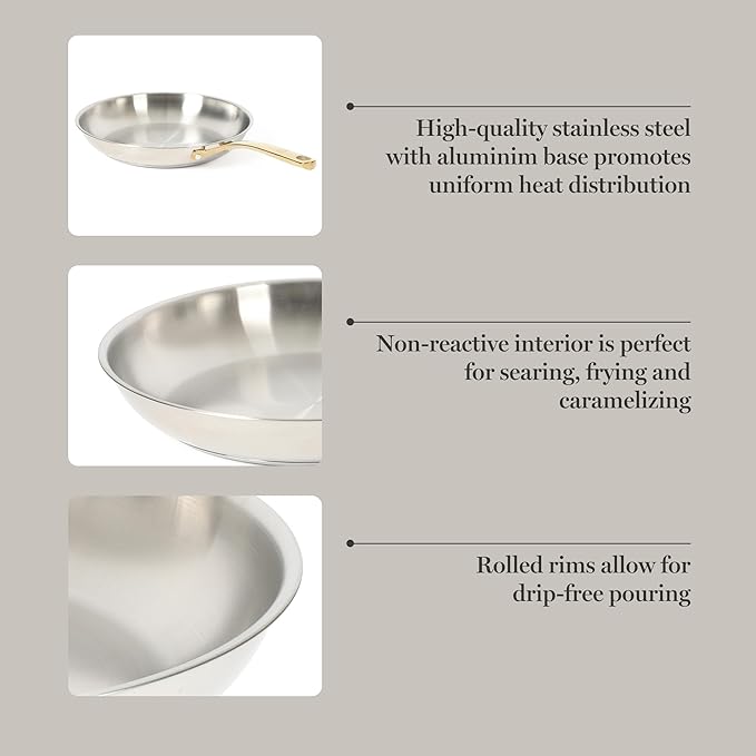 Martha Stewart Castelle 12-Inch Stainless Steel Frying Pan with Gold-Tone Handle – Tri-Ply Encapsulated Bottom, Oven Safe & Induction Safe Skillet for Searing and Sautéing