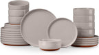 E-far 24-Piece Ceramic Dinnerware Sets, Plates and Bowls Sets for 8, Stoneware Dishware Dishes Set with Terracotta Base, Chip & Scratch Resistant, Microwave & Dishwasher Safe, Speckled Khaki