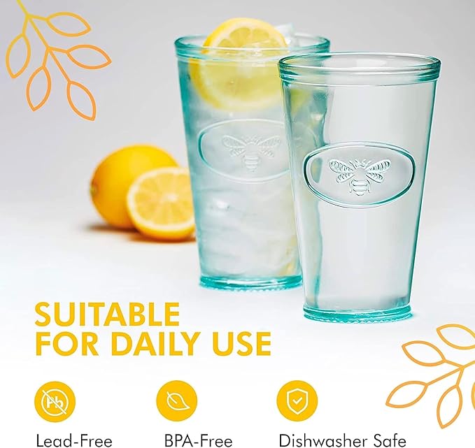Amici Home Bee Hiball Glass | 16 Oz | Italian Made, Recycled Glass with Green Tint | Drinking Glass with Embossed Bee Design for Water, Juice, Cocktails (Set of 6)