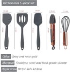 Collfa Rose Gold And Grey Mini Kitchen Utensil Small Five-Piece Set Tiny Silicone Kids Kitchen Tools Whisk Spatula Tongs Spoon And Slotted Spatula For Cooking(Kids Baking Supplies) Grey