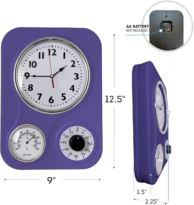 Lily's Home - 9.5 Inch x 12.5 Inch - Retro Kitchen Wall Clock, Vintage Wall Clock with a Thermometer and 60-Minute Timer, Ideal for Any Kitchen, Office, or Diner (Purple)