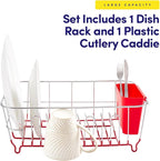 Sweet Home Collection Metal 2 Piece Dish Drying Rack Set Drainer with Utensil Holder Simple Easy to Use Fits in Most Sinks, 14.5" x 13" x 5.25", Red