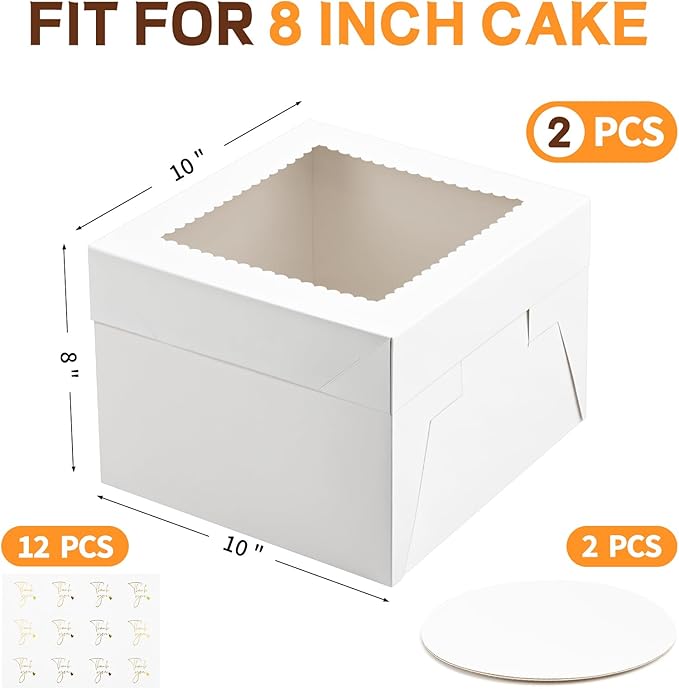 2 Pack Cake Boxes, 10 x 10 x 8 Inches Tall Bakery Box with Window and Cake Boards, Disposable Cake Containers for Wedding, Birthday, Party
