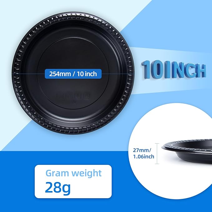 YANGRUI Plastic Plates Mineral Filled PP 10" - 150 Pack Shrink Wrap | Commercial Grade Black Shatter Resistant Trays | Reusable Dishwasher Microwave Safe BPA Free | Heavy Duty Bulk Party Plate