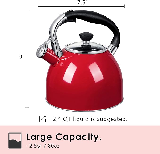 Rorence Whistling Tea Kettle: 2.5 Quart Stainless Steel Kettle for Stove Top with Capsule Bottom & Heat-resistant Glass Lid (Red)