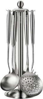 Cooking Utensils set, 18/8 Stainless Steel Kitchen Utensils set, 7 Pieces Cookware Set with Rotating Holder, Heat Resistant Stainless Steel Cooking Spoon(Dishwasher Safe)