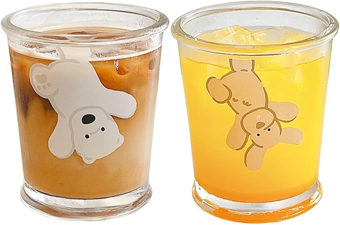 Set of 2 12 OZ French Drinking Glasses Clear Glass Coffee Cup Cute Bear Dog Glass Cups for Iced Tea,Juice,Coffee,Milk,Latte,Dessert,Stackable Glassware Drinkware Set