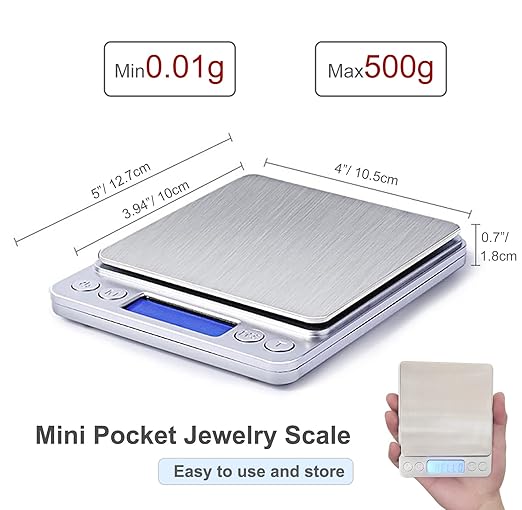 Food Scale Digital Weight Grams and Ounces, 0.001oz/0.01g 500g Kitchen Scale for Food with Backlight LCD Display, Tare, 9 Units, Auto Off, 2 Trays, Batteries Included - Stainless Steel