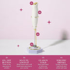 Paris Hilton Electric Handheld Milk Frother with Double Coil Head Whisk and Gold Metal Stand, Battery Powered (2 AA Batteries Required but Not Included), White