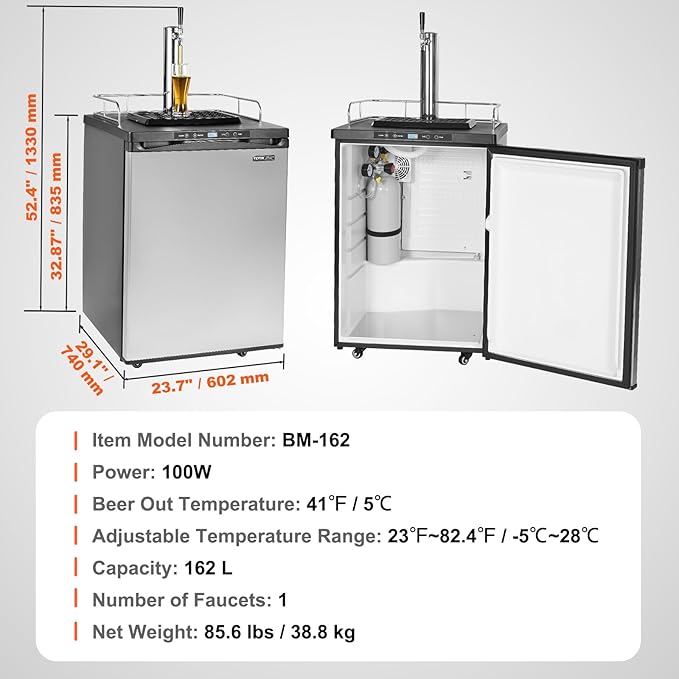 VEVOR Beer Kegerator, Single Tap Draft Beer Dispenser, Full Size Keg Refrigerator With Shelf, CO2 Tank(No Gas), Drip Tray & Rail, 23°F- 82.4°F Temperature Control, 162L, Silver