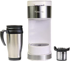 Kenmore Single Serve Coffee Maker – 6–12 Oz Brew Sizes, Compatible with Keurig K‑Cup Pods & Ground Coffee, One Cup Brewer, Travel Mug Friendly, Auto Shut‑Off, Hot & Iced maquina de cafe, White