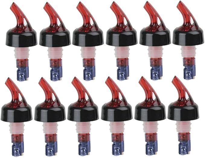 Soro Essentials- 3/4 oz. Automatic Measured Bottle Pourer with Red Spout and Black Collar Plastic Set of 12- Quick Shot Measure Pourer for Drinks Wine Cocktail Home Bar Kitchen Tools